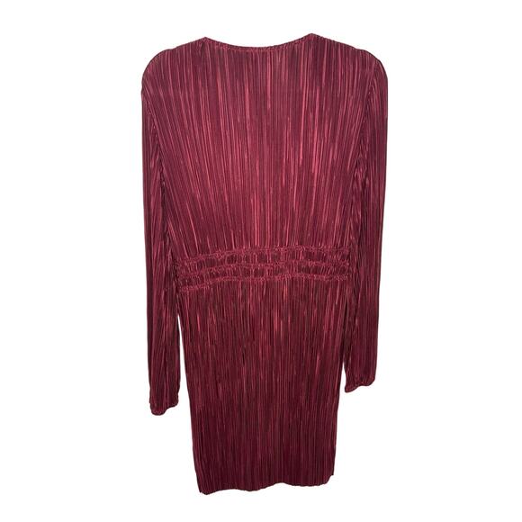 Lucy Paris Rosa Mini Dress Fit & Flare V Neck Pleated Long Sleeve Maroon Size L - Picture 6 of 10